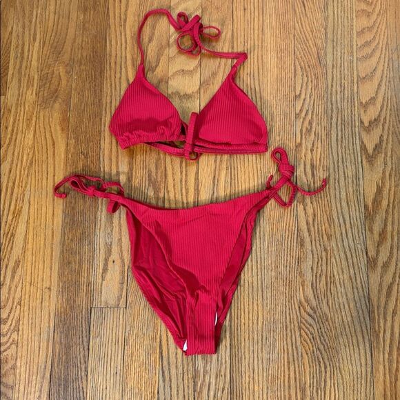 Andie String Bikini Set Ribbed Flame Red size M NWT/NWOT - Picture 3 of 8
